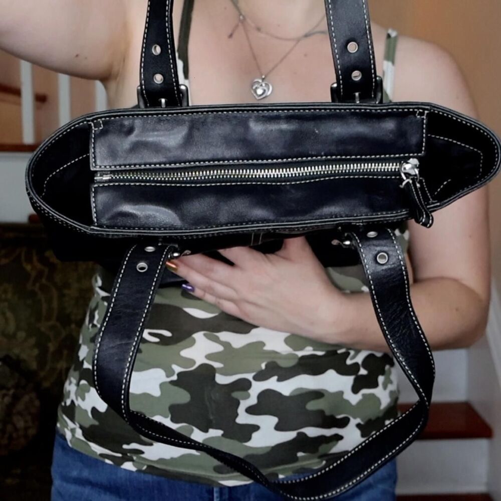 Coach Black Leather Hampton Buckle Bucket ZipTop Tote Bag Silver Hardware Y2K - Picture 7 of 9